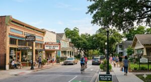 A vibrant street scene in Houston's Historic Heights neighborhood featuring local shops, cyclists, and people walking on a sunny day.