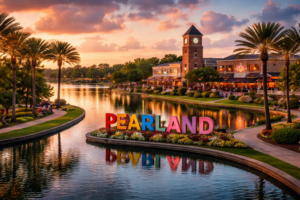 A colorful'PEARLAND' sign reflected in a tranquil lake at sunset, with a clock tower and palm trees in the background.