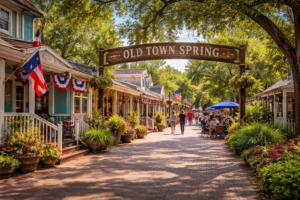 A sunny pedestrian street in Old Town Spring featuring a large wooden archway, colorful shop fronts with American flags, and people strolling along a brick path.