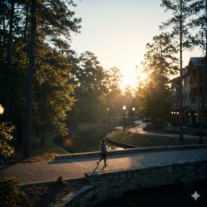02b96b53-4edf-40df-875d-8b5653b77f4a - Texas Lone Star Property Management A person jogging in The Woodlands across a stone bridge during a golden sunset in a scenic park with a canal.