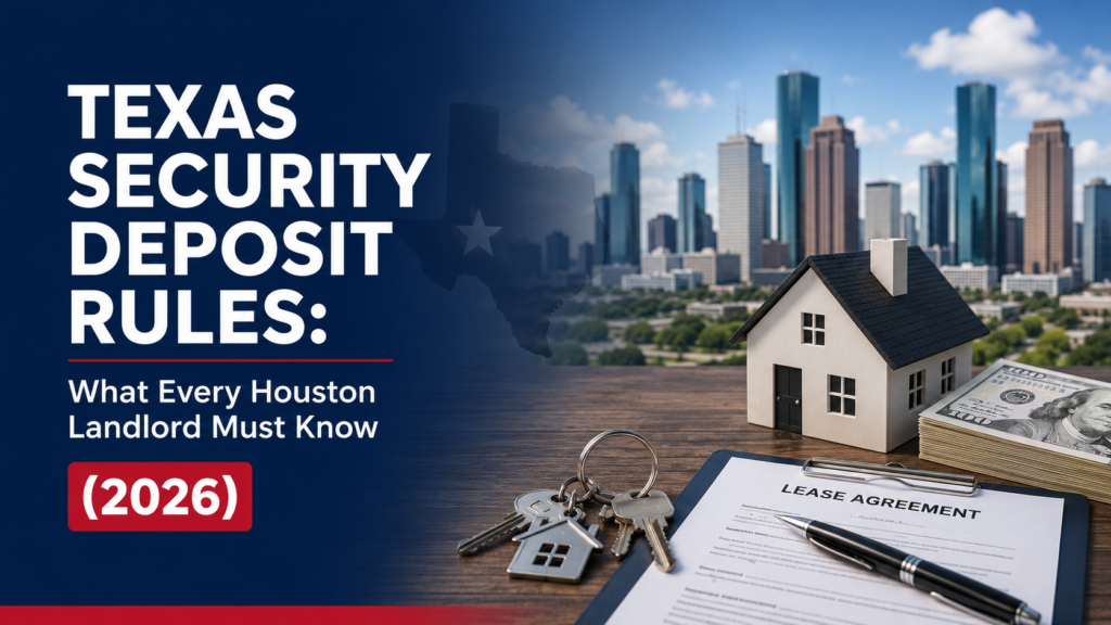 Texas Security Deposit Rules for Houston landlords in 2026 featuring Houston skyline, lease agreement, house model, keys, and cash for Texas property management blog cover.