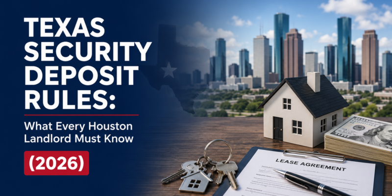 Texas Security Deposit Rules for Houston landlords in 2026 featuring Houston skyline, lease agreement, house model, keys, and cash for Texas property management blog cover.