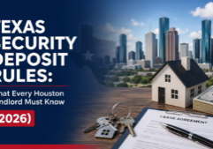 Texas Security Deposit Rules for Houston landlords in 2026 featuring Houston skyline, lease agreement, house model, keys, and cash for Texas property management blog cover.